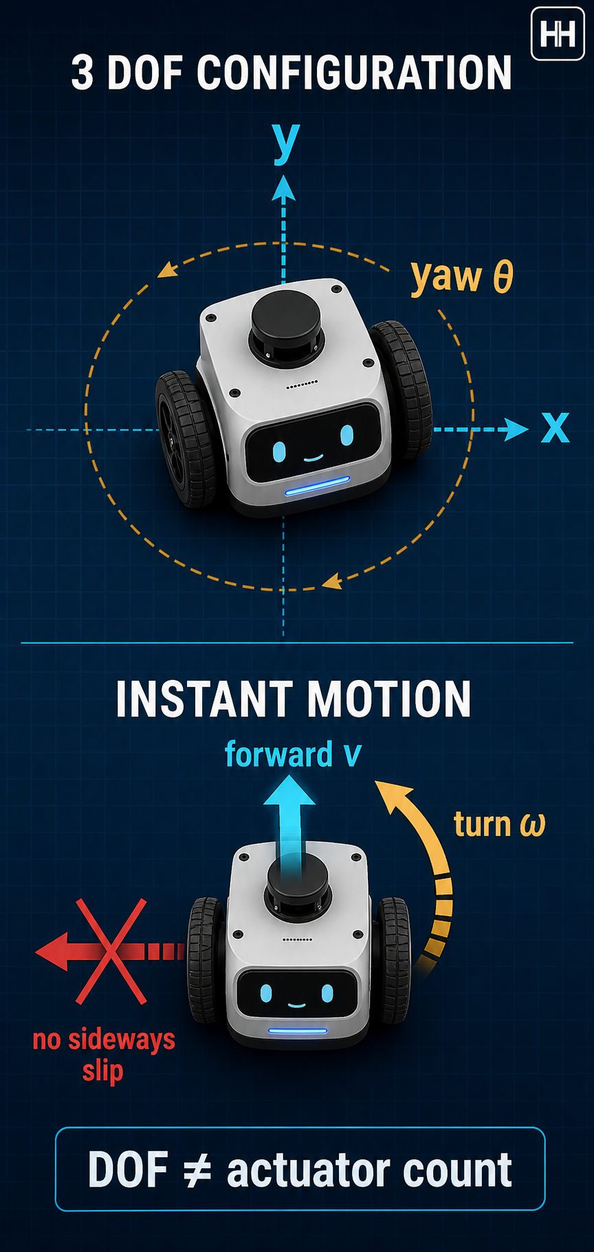 A differential-drive rover with three planar configuration freedoms but only forward and turning instantaneous motion