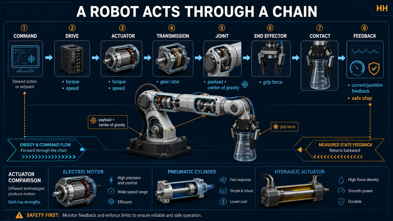 Robot action chain from command through drive, actuator, transmission, joint, end effector, contact, and feedback